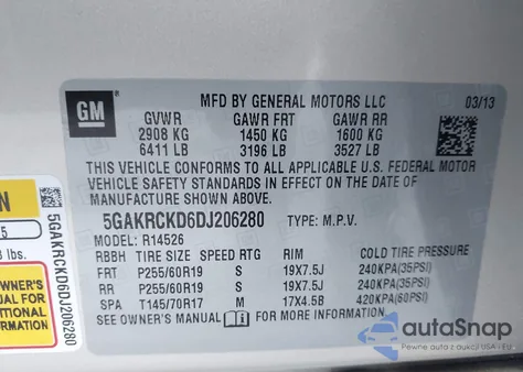 2013 Buick Enclave Leather z USA, uszkodzony, nr VIN 5GAKRCKD6DJ206280